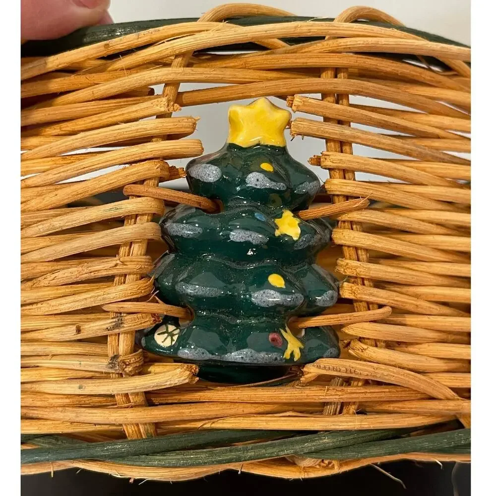 Decorative Round Wicker Holiday Basket with Ceramic Christmas Trees